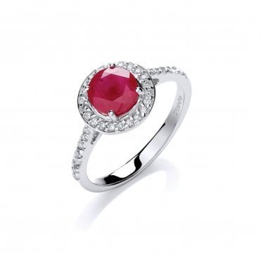 9ct White Gold Shoulder Set 0.70ct Ruby & 0.20ct Diamond Halo Ring