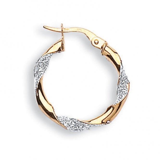 9ct Yellow and White Gold Glitter Finish Twisted Hoop Earrings 