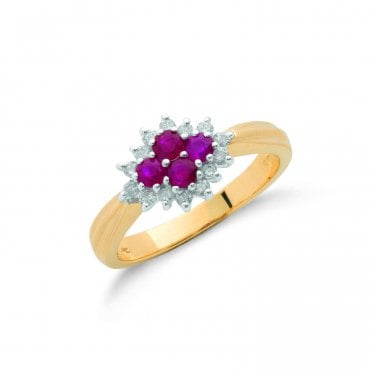 9ct Yellow Gold 0.45ct Ruby & 0.21ct Diamond Cluster Ring