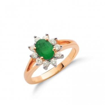 9ct Yellow Gold 0.79ct Emerald & 0.35ct Diamond Daisy Cluster Ring