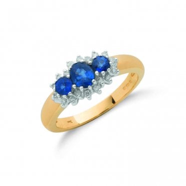 9ct Yellow Gold 0.90ct Sapphire & 0.18ct Diamond Trilogy Cluster Dress Ring