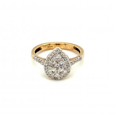 9ct Yellow Gold Diamond Pear Shape Halo Cluster Ring With Diamond Set Shoulders