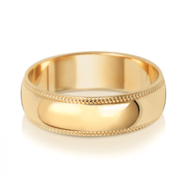 9ct Yellow Gold Millgrain Wedding Band Ring - 6MM