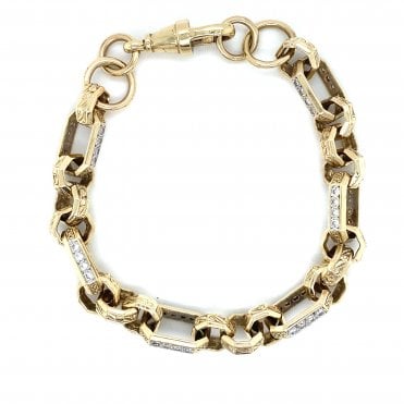 9ct Yellow Gold Octagonal Link Engraved Belcher Bracelet - 9.5" - 40g