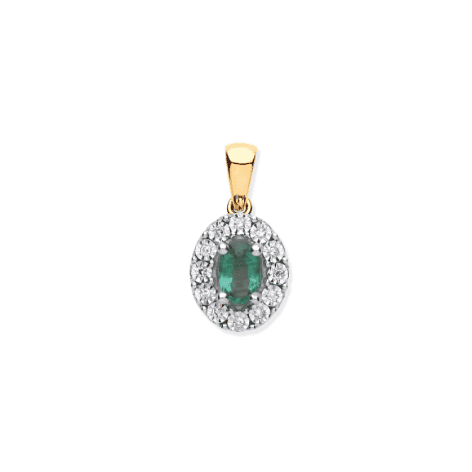 9ct Yellow Gold Oval Cut 0.40ct Emerald & 0.07ct Diamond Cluster Pendant