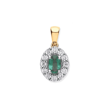9ct Yellow Gold Oval Cut 0.40ct Emerald & 0.07ct Diamond Cluster Pendant