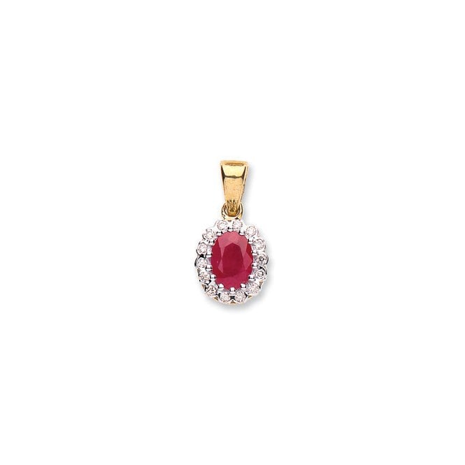 9ct Yellow Gold Oval Cut 0.90ct Ruby & 0.12ct Diamond Cluster Pendant