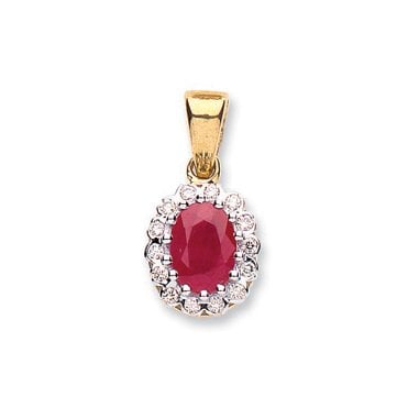 9ct Yellow Gold Oval Cut 0.90ct Ruby & 0.12ct Diamond Cluster Pendant