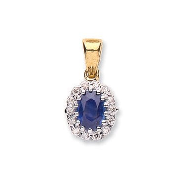 9ct Yellow Gold Oval Cut 1.12ct Sapphire & 0.12ct Diamond Cluster Pendant