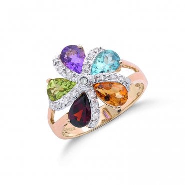 9ct Yellow Gold Pear Cut Multi Gemstone & Diamond Fancy Flower Ring