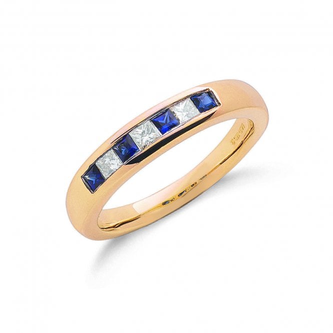 9ct Yellow Gold Princess Cut 0.35ct Sapphire & 0.20ct Diamond Channel Set Half Eternity Ring