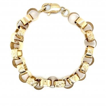9ct Yellow Gold Round Half Engraved Belcher Bracelet - 8.5" - 26g