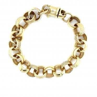 9ct Yellow Gold Round Half Engraved Belcher Bracelet - 9.5" - 40g