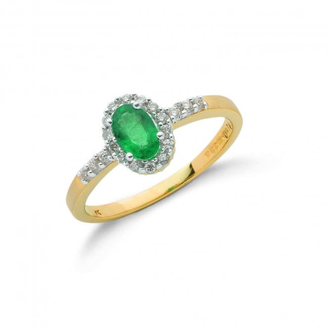 9ct Yellow Gold Shoulder Set Oval Cut 0.45ct Emerald & 0.16ct Diamond Halo Ring