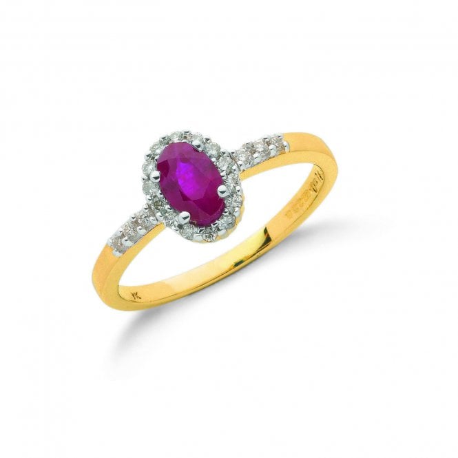 9ct Yellow Gold Shoulder Set Oval Cut 0.55ct Ruby & 0.16ct Diamond Halo Ring
