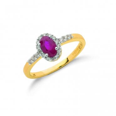 9ct Yellow Gold Shoulder Set Oval Cut 0.55ct Ruby & 0.16ct Diamond Halo Ring