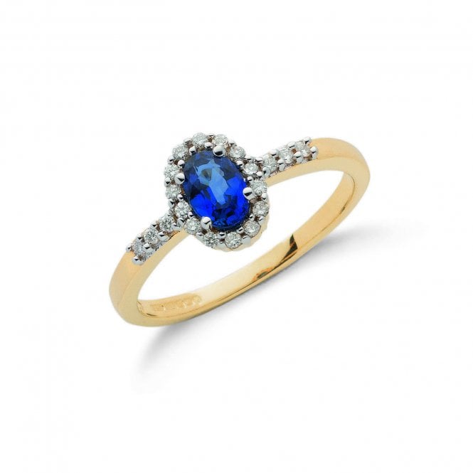 9ct Yellow Gold Shoulder Set Oval Cut 0.55ct Sapphire & 0.16ct Diamond Halo Ring