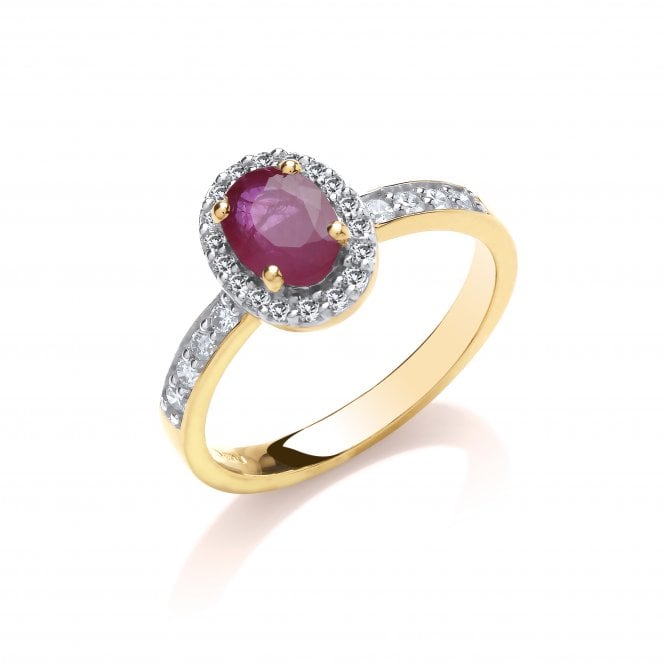 9ct Yellow Gold Shoulder Set Oval Cut Ruby & 0.30ct Diamond Halo Ring
