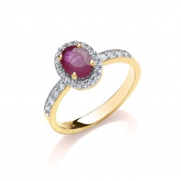 9ct Yellow Gold Shoulder Set Oval Cut Ruby & 0.30ct Diamond Halo Ring