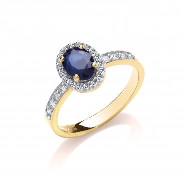 9ct Yellow Gold Shoulder Set Oval Cut Sapphire & 0.30ct Diamond Halo Ring