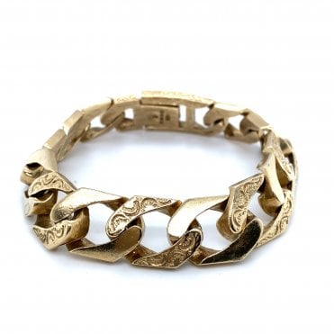 9ct Yellow Gold Textured & Polished Curb Bracelet - 9.5" - 106g