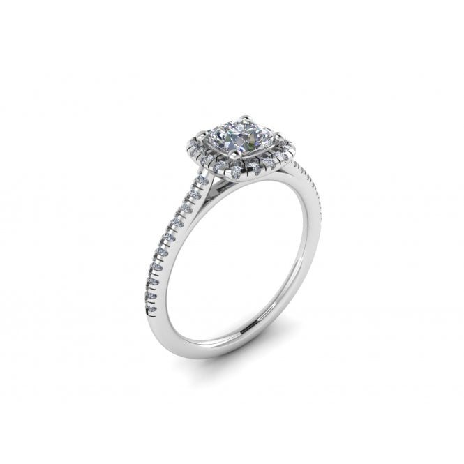 Platinum Cushion Cut Lab Diamond Halo Solitaire Ring with Diamond Set Shoulders