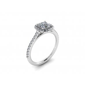 Platinum Cushion Cut Lab Diamond Halo Solitaire Ring With Diamond Set Shoulders