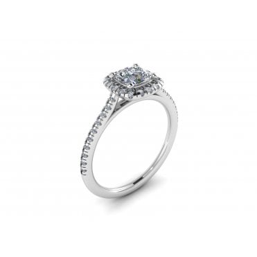 Platinum Cushion Cut Lab Diamond Halo Solitaire Ring With Diamond Set Shoulders