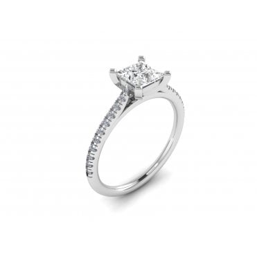 Platinum Cushion Cut Lab Diamond Solitaire Ring With Diamond Set Shoulders