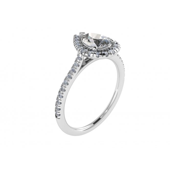 Platinum Pear Cut Lab Diamond Halo Solitaire Ring with Diamond Set Shoulders