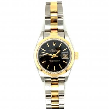 Pre-owned Rolex Datejust - Bi-Metal Black Baton Dial Ladies Watch - 79163 - 2004