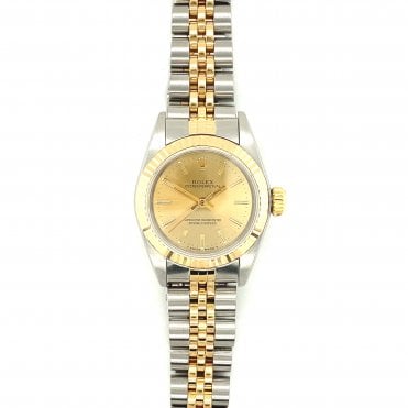 Pre-owned Rolex Oyster Perpetual 24 - Bi-Metal Champagne Baton Dial Ladies Watch - 67193 - 1991