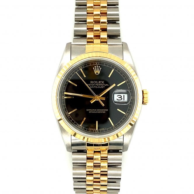 Pre-Owned Rolex Watches Pre-Owned Mens Rolex Datejust - Bi-Metal Black Baton Dial Watch - 16233 - 1991