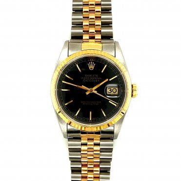 Pre-owned Rolex Datejust - Bi-Metal Black Baton Dial Mens Watch - 16233 - 1995