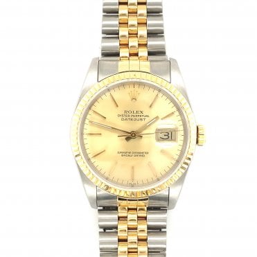Pre-owned Rolex Datejust - Bi-Metal Champagne Baton Dial Mens Watch - 16233 - 1989