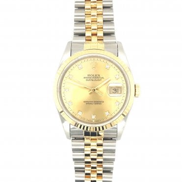 Pre-owned Rolex Datejust - Bi-Metal Champagne Diamond Dial Mens Watch - 16233 -1993