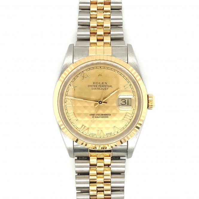 Pre-Owned Rolex Watches Pre-Owned Mens Rolex Datejust - Bi-metal Champagne Roman Pyramid Dial Watch - 16233 - 2000