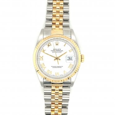 Pre-owned Rolex Datejust - Bi-Metal White Roman Dial Mens Watch - 16233 - 2000