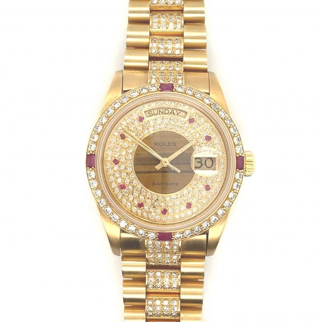 Pre-Owned Rolex Watches Pre-Owned Mens Rolex Day-Date 36 - 18ct Yellow Gold Vintage Customized Tigerseye Dial Diamond & Ruby Set Watch - 18038 - 1981