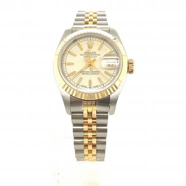 Pre-owned Ladies Rolex Datejust - Bi-Metal Cream Anniversary baton Dial Watch-69173- 1990