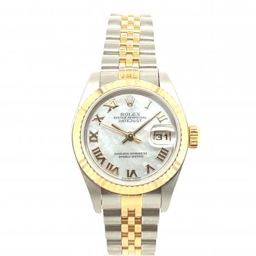Pre-owned Ladies Rolex Datejust Bi-Metal Mother Of Pearl Roman Dial Watch-79173- 2004.