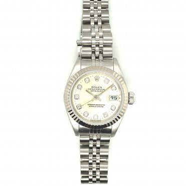 Pre-Owned Ladies Stainless Steel/White Gold Silver Diamond Dial Datejust Rolex Watch
