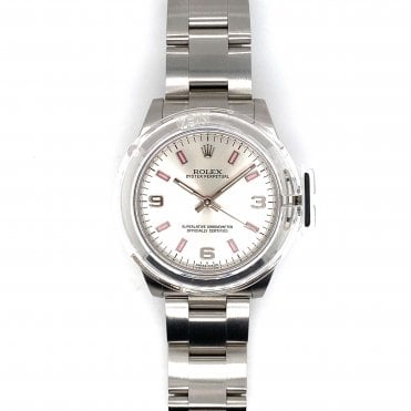 Pre Owned Lady Oyster Perpetual - Silver Dial Pink Baton Watch - 177200 - 2017