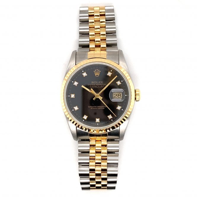 Pre-Owned Rolex Watches Pre-Owned Mens Rolex Datejust 36 - Bi-Metal Black Diamond Dial Watch - 16233 - 1991