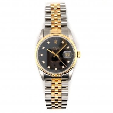 Pre-Owned Mens Rolex Datejust 36 - Bi-Metal Black Diamond Dial Watch - 16233 - 1991