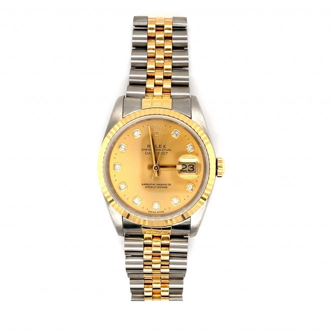Pre-Owned Rolex Watches Pre-Owned Mens Rolex Datejust - Bi-Metal Champagne Diamond Dial Watch - 16233 -1989