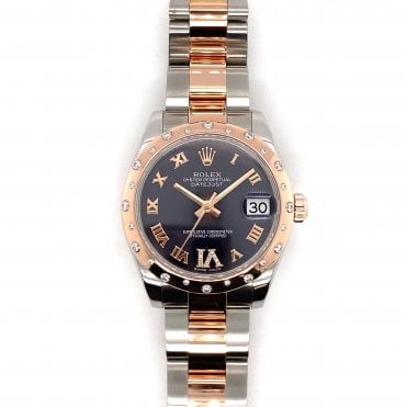 Pre-Owned Rolex Datejust Lady 31 - Everose Bi-Metal Aubergine Roman Numeral Diamond 'IV' Dial with Scattered Diamond Bezel Watch - 178341 - 2014