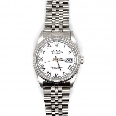 Pre Owned Rolex Datejust - White Roman Numeral Dial Mens Watch - 16220 - 2002