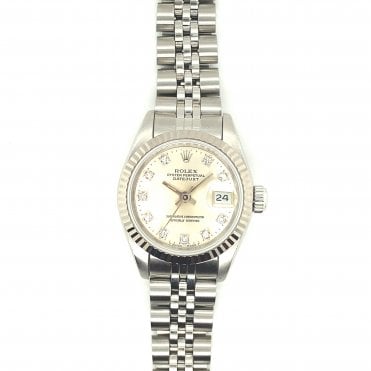 Pre-Owned Ladies Stainless Steel/White Gold Silver Diamond Dial Datejust Rolex Watch