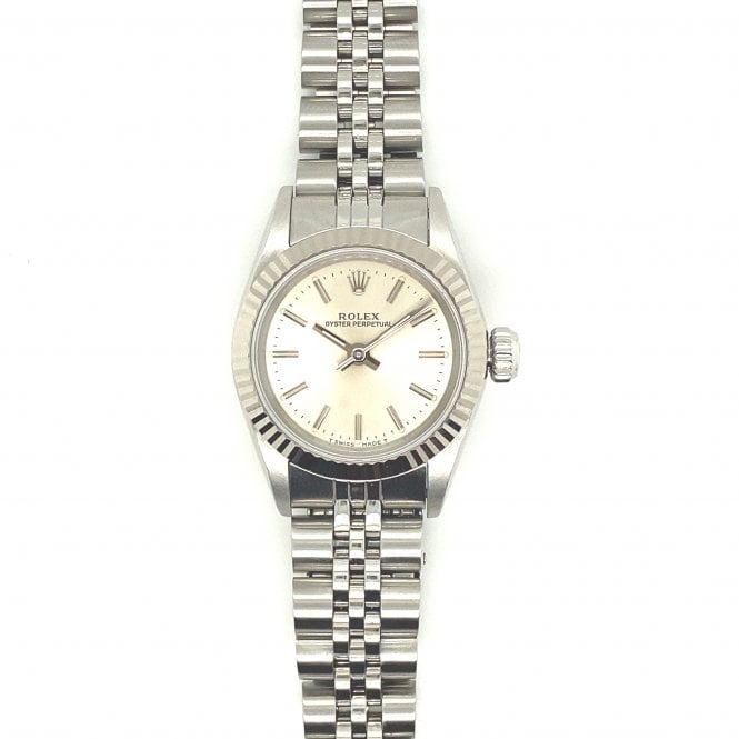 Pre-Owned Rolex Watches Pre-Owned Ladies Oyster Perpetual 24 - Stainless Steel Silver Baton Dial - 67194 - 1989